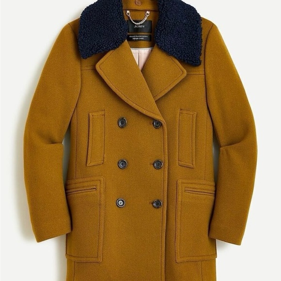 ✨J. Crew Tan Ready to Wear Double-Breasted Peacoat Coat w/Shearling Collar BNWT✨ - Picture 2 of 6